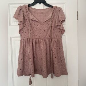 Blush Pink Eyelet Ruffle Sleeve Babydoll Top